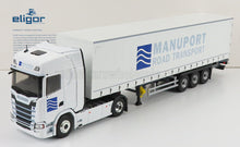 SCANIA - Camión S500 V8 de Telonato Manuport Transports 2018 - Blanco y azul. Maqueta de coche en Vroomi