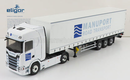 SCANIA - Camión S500 V8 de Telonato Manuport Transports 2018 - Blanco y azul. Maqueta de coche en Vroomi