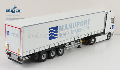 SCANIA - Camión S500 V8 de Telonato Manuport Transports 2018 - Blanco y azul. Maqueta de coche en Vroomi