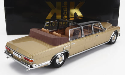 Gold Mercedes-Benz 600 W100 convertible model car with brown interior, showcased with Diecast scale box, available on Vroomi platform