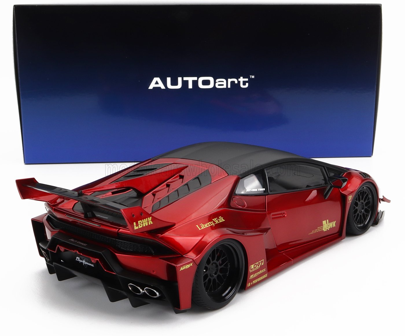 Red Liberty Walk Lamborghini model car with black roof and widebody kit, displayed with AUTOart box, also on Vroomi