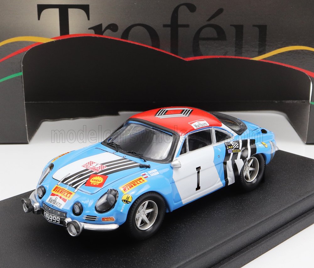 Blue and white scale model car with racing decals, displayed on black base — Vroomi