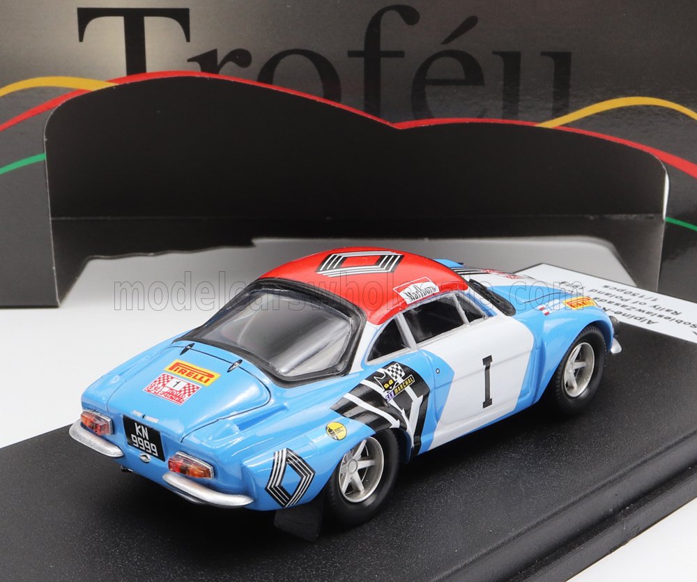 Blue and white scale model car with racing decals, displayed on black base — Vroomi