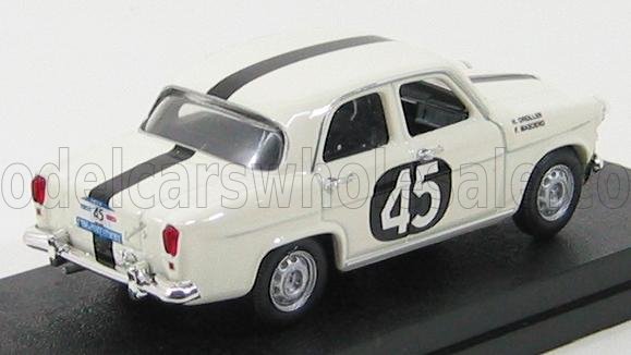 Voiture miniature blanche avec bandes de course noires et numéro 45, présentée sur socle noir chez Vroomi