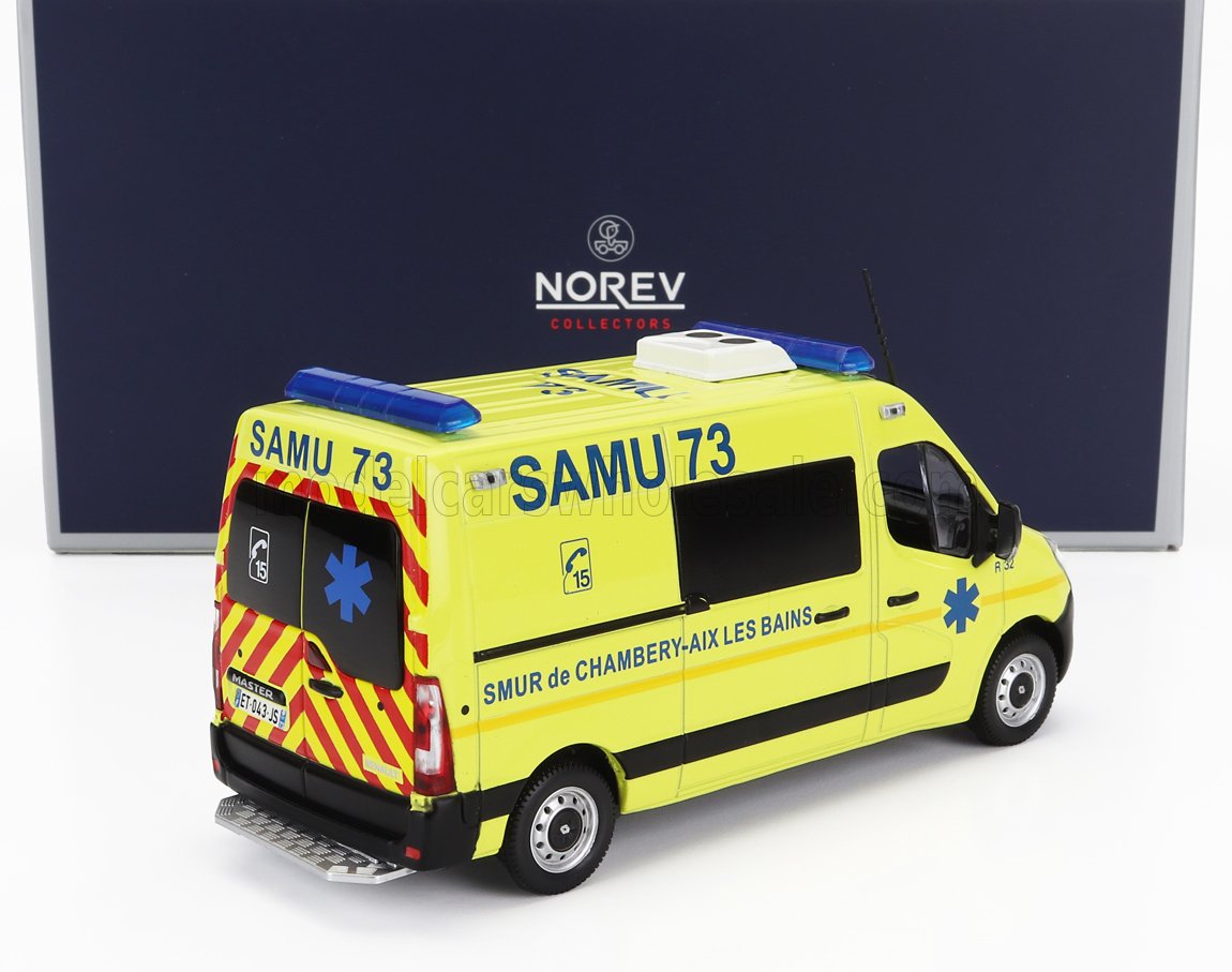 Detailed scale model of yellow SAMU 73 ambulance with emergency markings, available for purchase on Vroomi