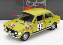 Green vintage rally car model Fiat 128 with number 49 and Scuderia Filipinetti decals, available on Vroomi