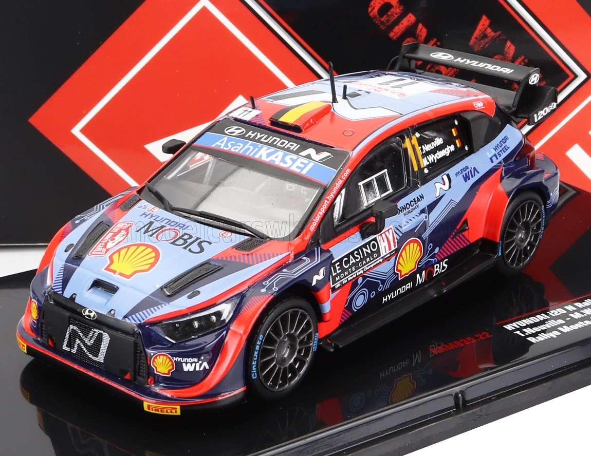 Voiture miniature Hyundai i20 N Rally1 par Vroomi, réplique die-cast détaillée avec livrée Shell et Mobis.