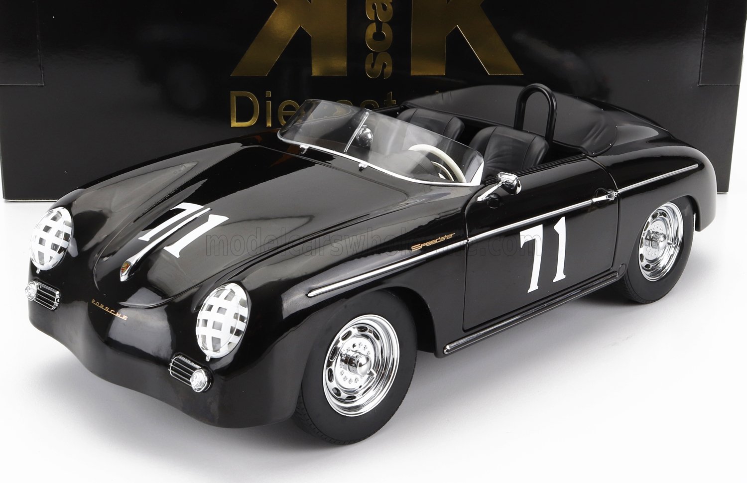 Black Porsche Speedster model car with number 71 race decal, chrome wheels, and detailed interior, now offered on Vroomi