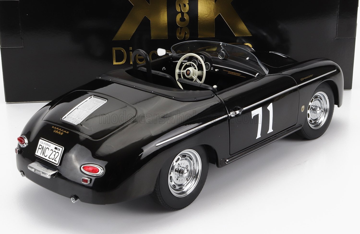 Black Porsche 356 A Speedster model car with racing number 71, classic design, and white steering wheel, offered on Vroomi