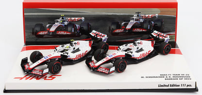 Haas F1 Team VF-22 2022 Bahrain GP model cars of M. Schumacher and K. Magnussen, offered on Vroomi