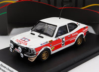 Modellino in scala Toyota Corolla da rally con livrea rossa e bianca, cerchi dorati — Vroomi