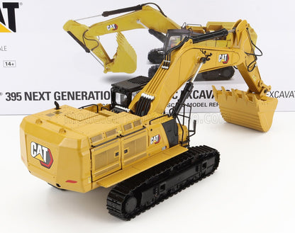Detailed scale model of yellow CAT 395 Next Generation excavator with black tracks, available at Vroomi