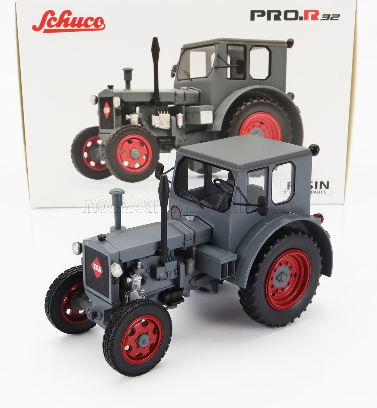 Schuco PRO.R32 model IFA tractor in gray with red wheels, detailed die-cast replica available at Vroomi