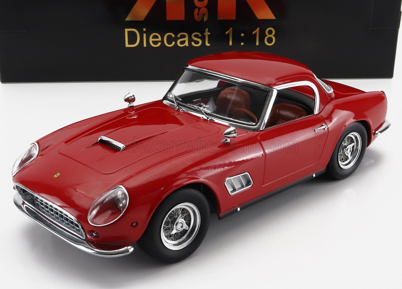 Red diecast 1:18 scale vintage sports car model, detailed with chrome accents and brown interior, now on Vroomi