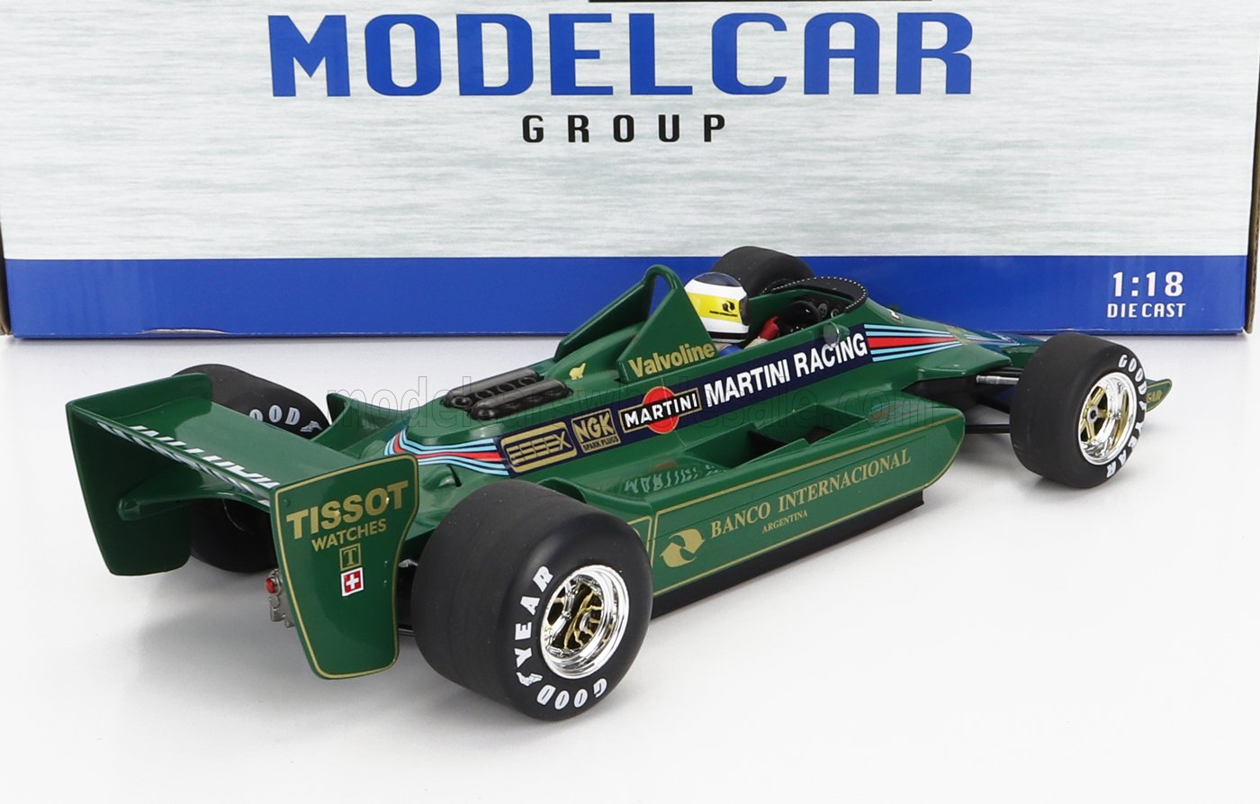 1:18 scale green Martini Racing Formula 1 die-cast model with Valvoline and Tissot logos, available at Vroomi