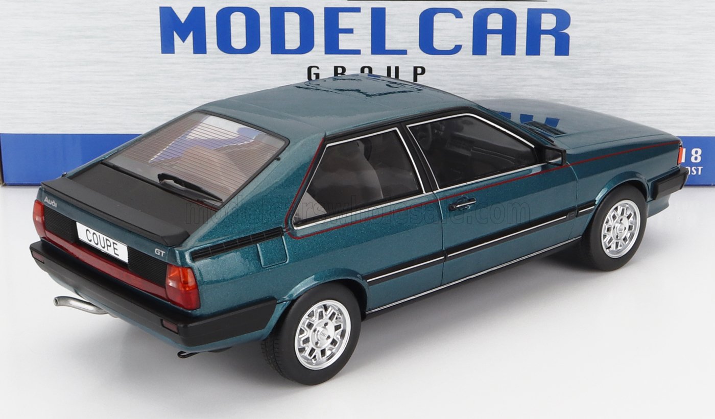 Audi Coupe GT green metallic scale model car with black rear spoiler and silver wheels available at Vroomi