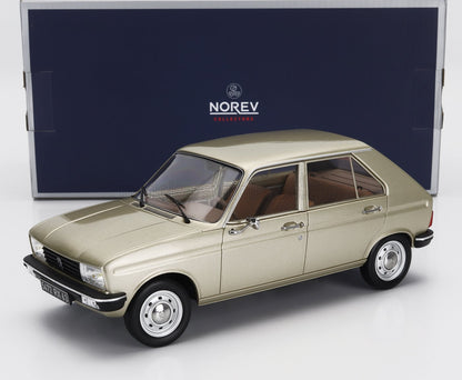 Beige Peugeot 104 model car with detailed interior, displayed in front of Norev Collectors blue box, offered on Vroomi