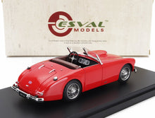 Red vintage roadster model car on display stand with Esval Models box, available on Vroomi