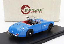 Blue vintage convertible model car with red interior on display stand by Esval Models, available via Vroomi