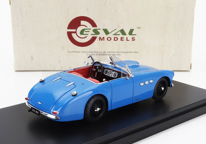 Blue vintage convertible model car with red interior on display stand by Esval Models, available via Vroomi