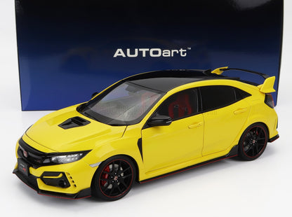 Yellow Honda Civic Type R model car with black roof and spoiler, displayed with AUTOart box, available on Vroomi