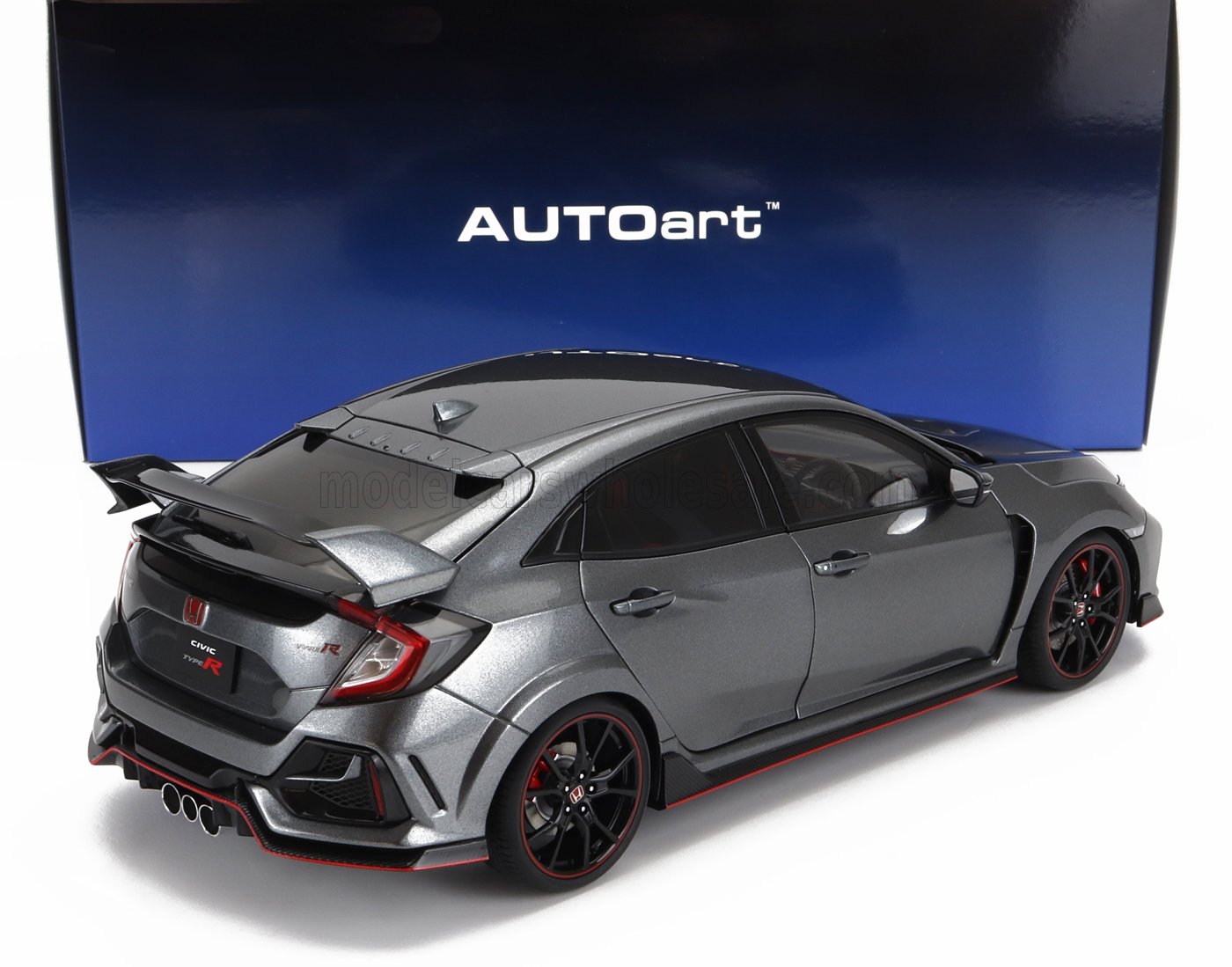 Gray Honda Civic Type R model car with black and red accents, displayed with AUTOart box, online at Vroomi
