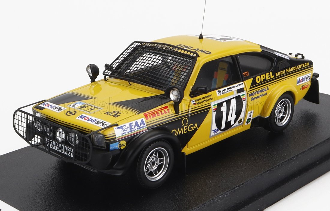 Yellow Opel Euro rally car die-cast scale model, available for collectors online