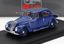Blue classic model car with chrome details on display stand, available through Vroomi platform