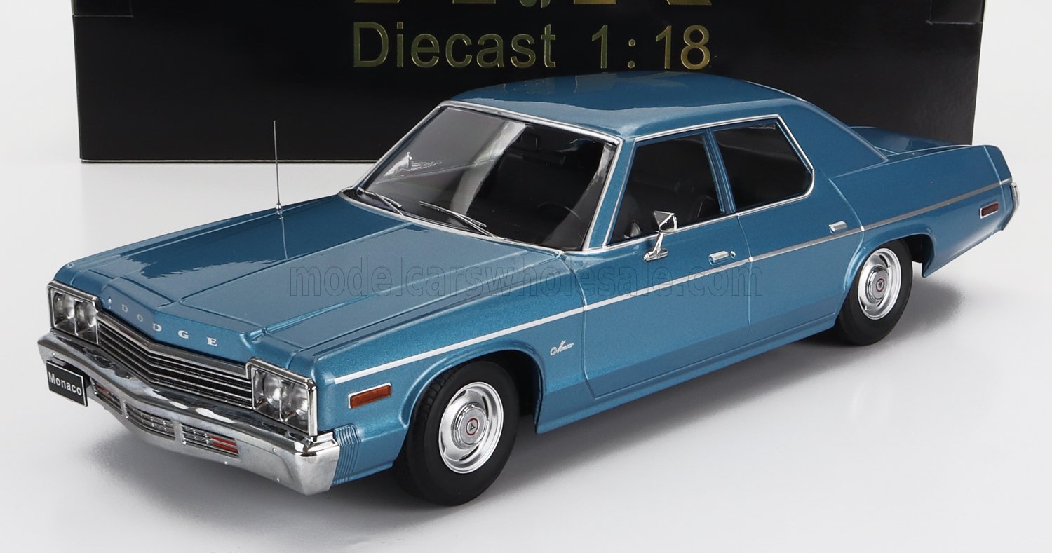Blue 1:18 scale diecast model of Dodge Monaco vintage car available via Vroomi