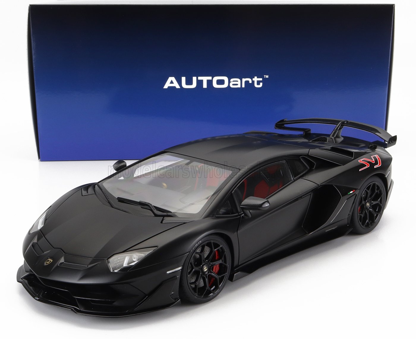 Matte black Lamborghini Aventador SVJ scale model with red interior and spoiler, offered via Vroomi