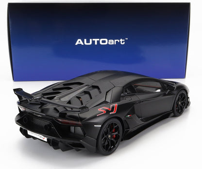 Black Lamborghini Aventador SVJ scale model by AUTOart, displayed with branded blue box, available via Vroomi
