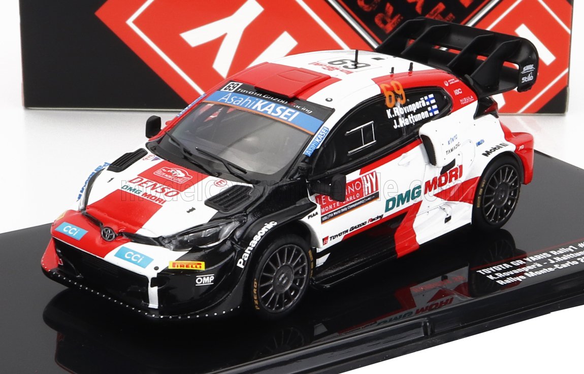 Voiture miniature Toyota GR Yaris Rally1 par Vroomi, détaillée avec décalcomanies sponsors et livrée de course