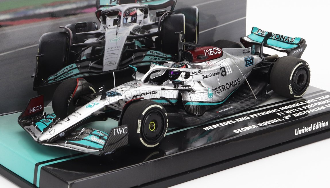 Voiture miniature F1 Mercedes-AMG Petronas W13, George Russell 3e GP d'Australie, édition limitée chez Vroomi