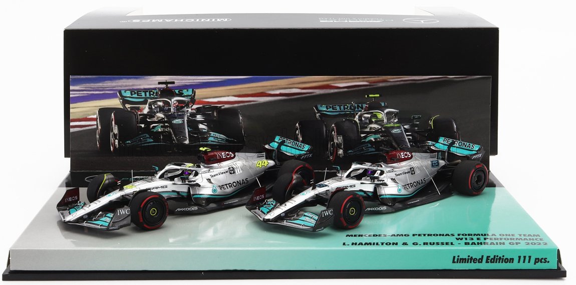 Mercedes W13E Set 2x Mercedes-AMG Petronas F1 No. 44 3rd Bahrain GP Lewis Hamilton No. 63 4th Bahrain GP George Russell 2022 Minichamps 1:43 scale model
