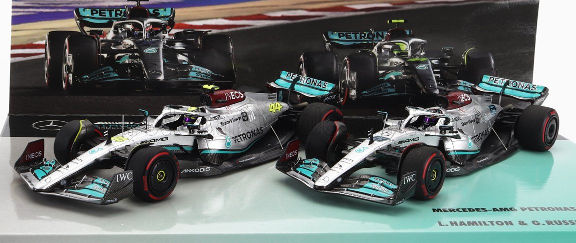 Mercedes W13E Set 2x Mercedes-AMG Petronas F1 No. 44 3rd Bahrain GP Lewis Hamilton No. 63 4th Bahrain GP George Russell 2022 Minichamps 1:43 scale model - image 2