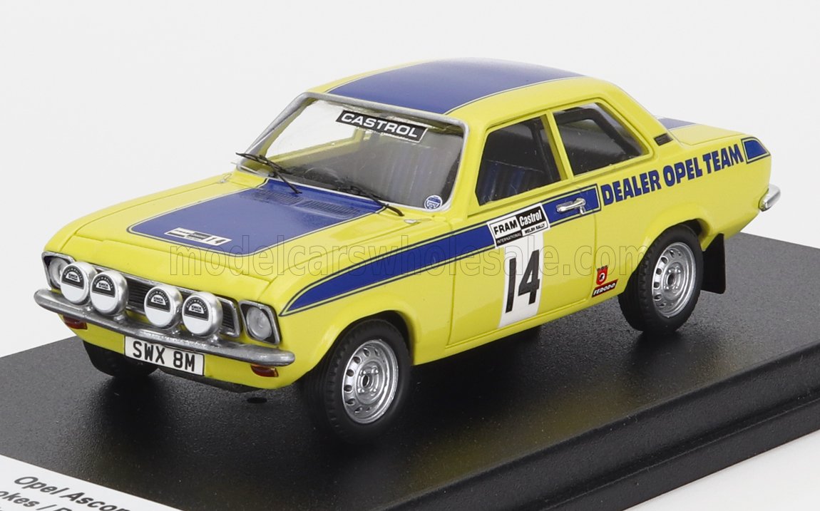 Yellow and blue Opel Ascona rally car model with number 14, displayed on platform, available via Vroomi