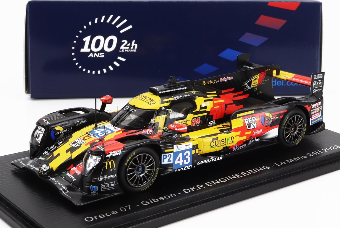 1:43 scale model of Oreca 07 Gibson DKR Engineering Le Mans 24H 2023 prototype race car in yellow red black, available on Vroomi