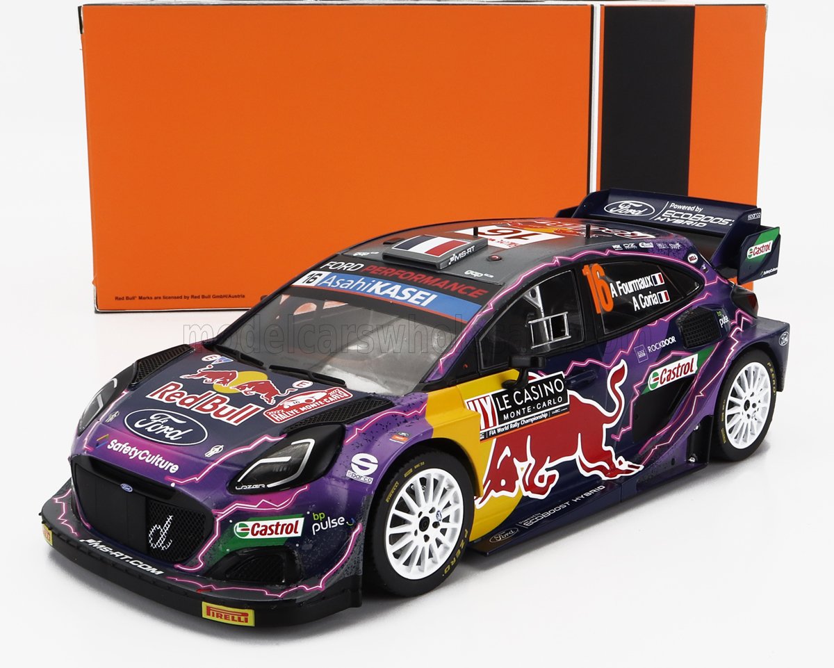 FORD ENGLAND  PUMA RALLY1 TEAM FORD WORLD RALLY M-SPORT N.º 16 RALLY DE MONTECARLO 2022 A. FOURMAUX - A. CORIA - MORADO, AMARILLO, NEGRO Maqueta de coche en Vroomi