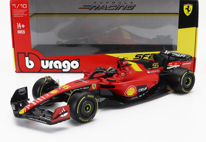 1:18 scale red Ferrari SF-23 Formula 1 model car by Bburago with detailed sponsor logos, offered on Vroomi