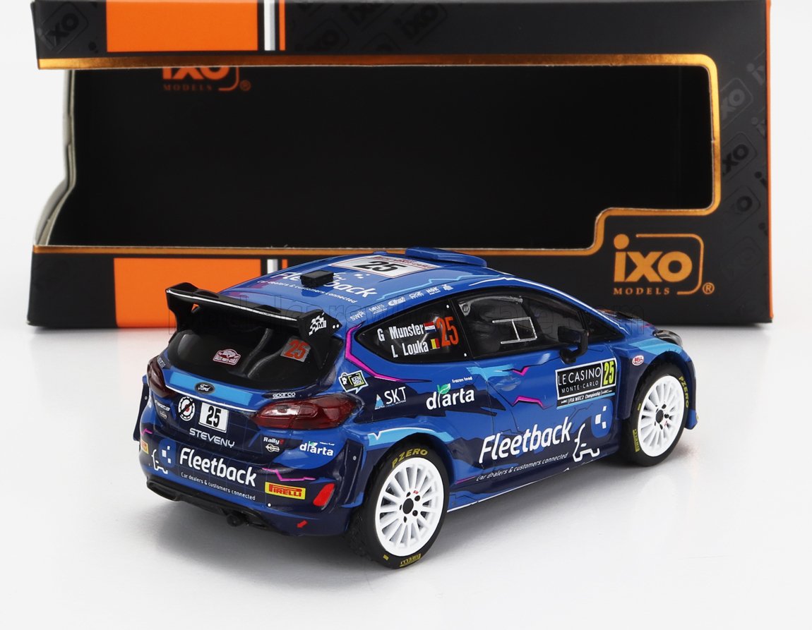 Blue Ford rally car 1/43 scale model by IXO Models, available at Vroomi for collectors.
