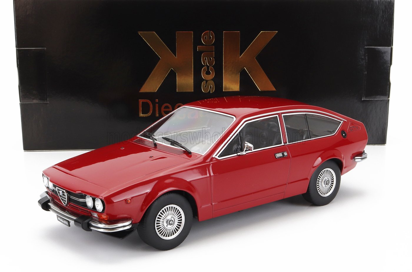 Red Alfa Romeo Alfetta GTV model car displayed with KK Scale box, also available on Vroomi