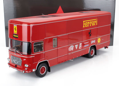 Red Ferrari racing team transporter truck model with sponsor logos, featured on Vroomi