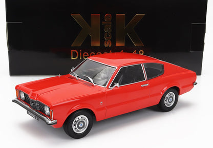 Red 1:18 diecast model of Ford Taunus car displayed with KK-scale box, purchasable via Vroomi
