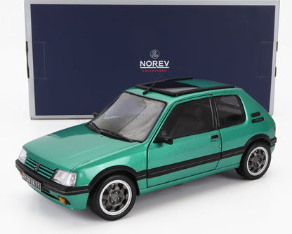 Green Norev Peugeot 205 GTI model car with sunroof, detailed wheels, available on Vroomi
