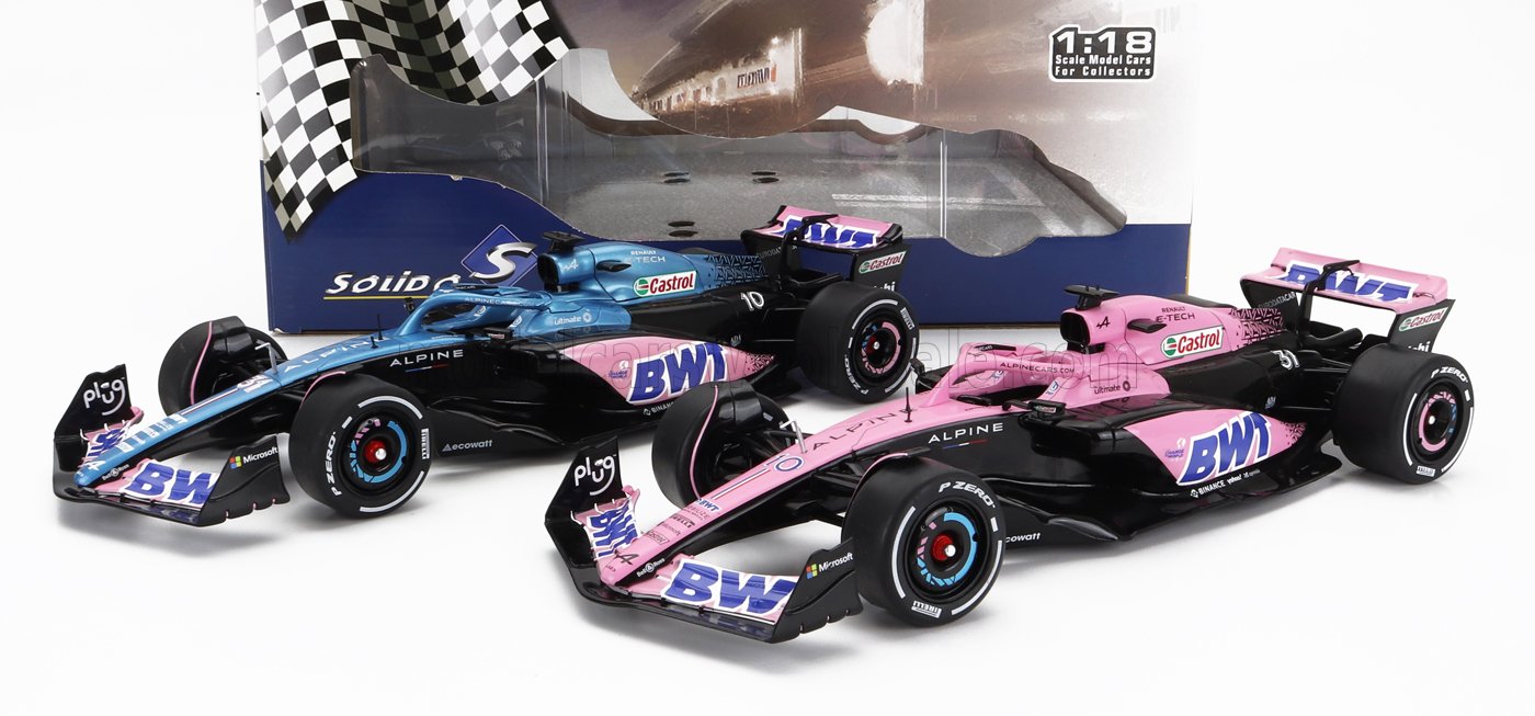 ALPINE - SET 2X F1 A523 TEAM BWT ALPINE PRESS LAUNCH LIVERY N 10 PIERRE GASLY - N 31 ESTEBAN OCON 2023 - BLUE BLACK PINK - Vroomi