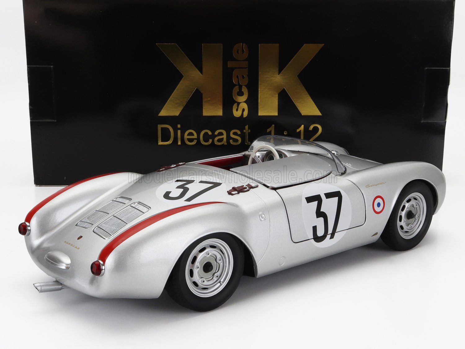 1:12 scale silver Porsche Spyder diecast model car with racing number 37, available on Vroomi