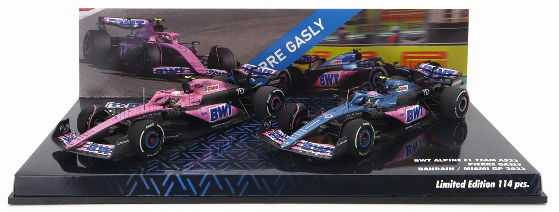 Alpine A523 BWT Alpine F1 Team No. 10 Pierre Gasly 9th Bahrain GP 2023 + No. 10 8th Miami GP 2023 Set 2x Minichamps 1:43 scale model