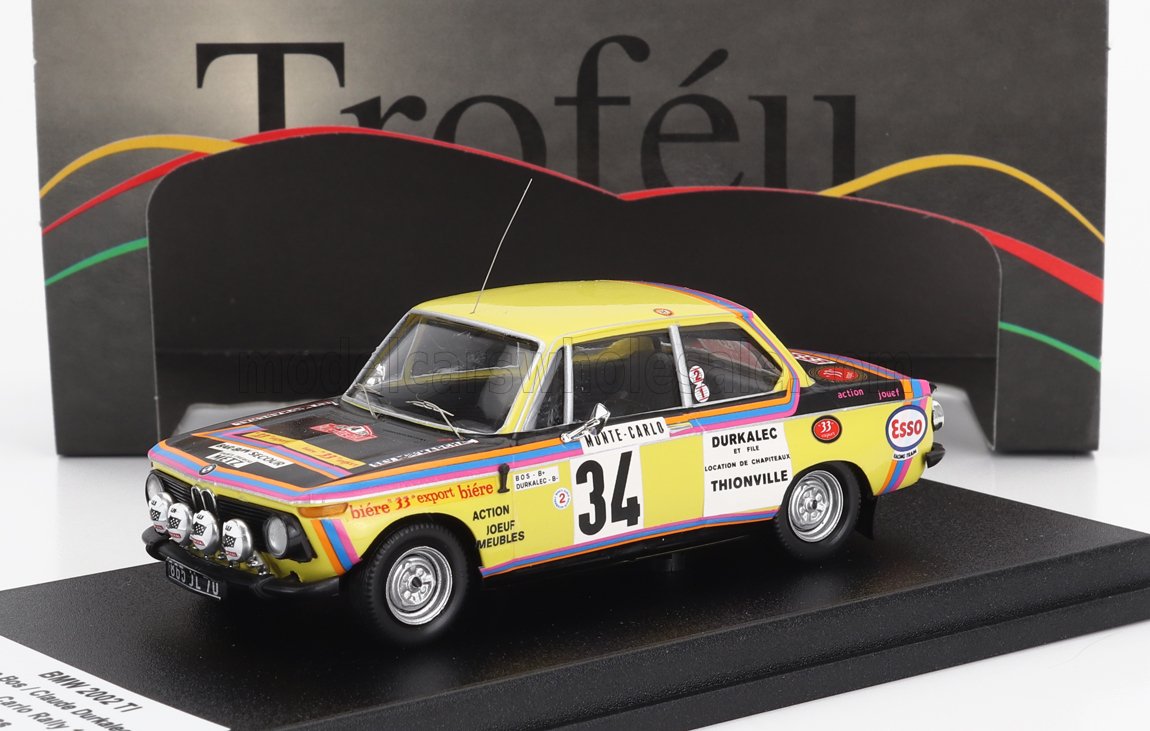 Detailed BMW 2002 TI rally die-cast model car, vibrant livery, in stock now for collectors