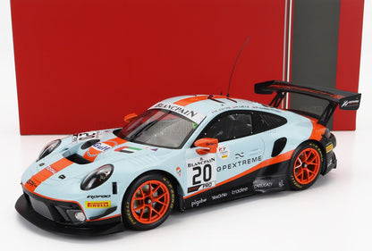 PORSCHE - 911 991 GT3 R 4.0 L, motor bóxer de 6 cilindros, equipo GPX Racing, n.º 20, ganador de las 24 Horas de Spa 2019, Richard Lietz - Michael Christensen - Kevin Estre, azul claro, naranja y negro