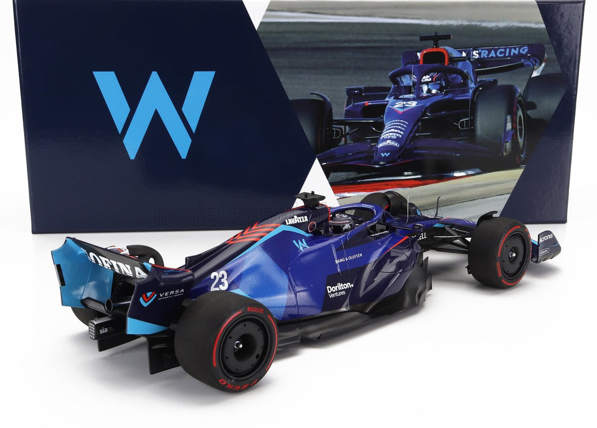 Modellino in scala 1:18 blu N 23, replica F1 dettagliata con loghi degli sponsor, esposto con confezione Vroomi